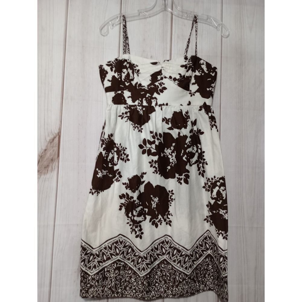 Ladies 4 White Floral Print Dress Brown Spaghetti Strap Summer Casual Sundress